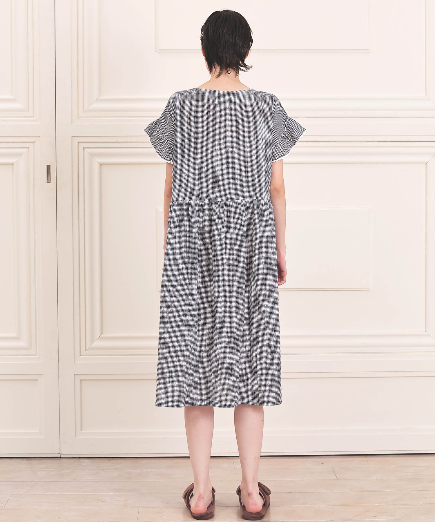 シャーリング表ジャカードストライプ＆シャンブレーワンピース_パジャマ&ルームウェア-ワンピース・ネグリジェ_ブラック_7