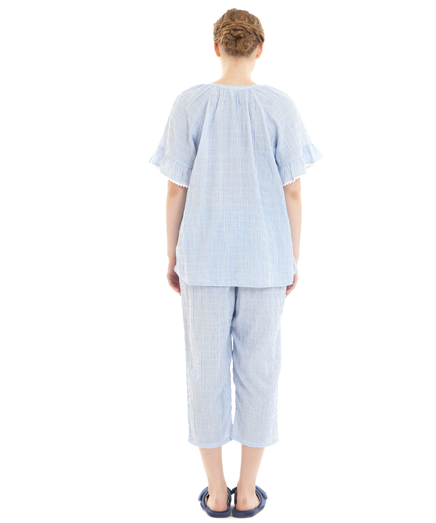 シャーリング表ジャカードストライプ＆シャンブレーパジャマ｜パジャマ
