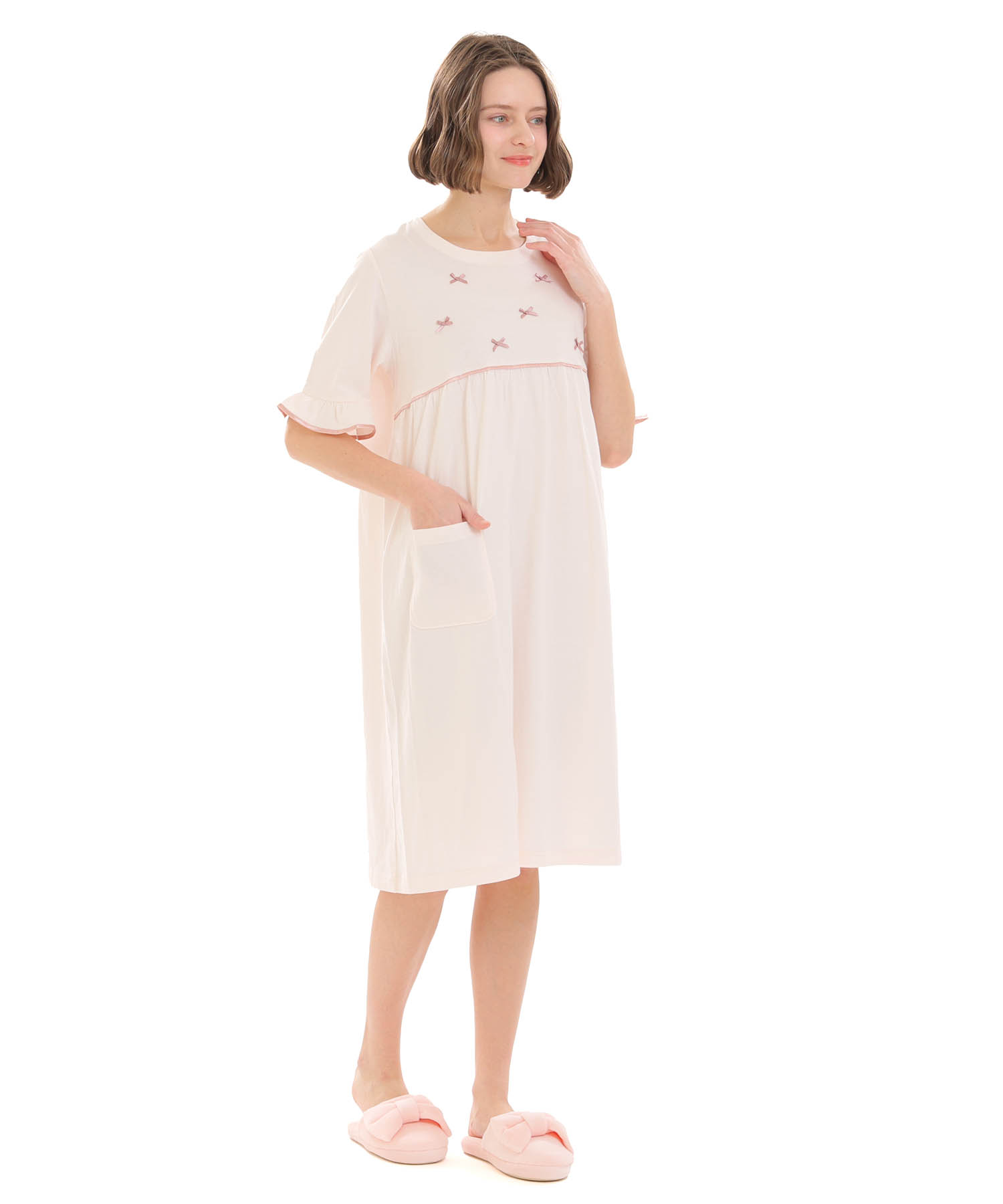 天竺無地リボンワンピース_パジャマ&ルームウェア-ワンピース・ネグリジェ_ピンク_1